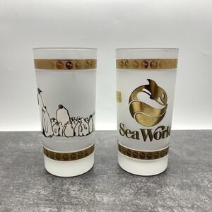 Vintage 1986 Sea World 12oz Glasses 22k Gold Frosted Tumblers Highball 2pcs Pair